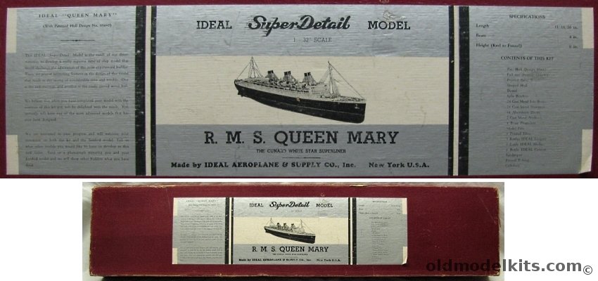 Ideal Aeroplane & Supply 1/380 RMS Queen Mary Ocean Liner-  32 Inch Long 'Super Detail' Issue plastic model kit